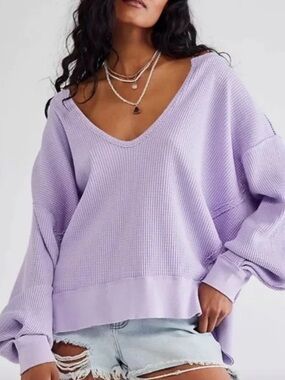 Free People We The Free Buttercup Thermal V-Neck Oversized Waffle Henley Lilac M